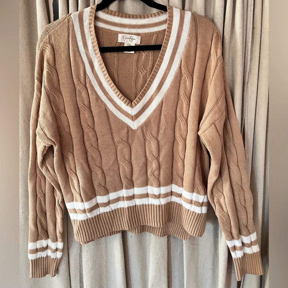 Jessica Simpson Cable Knit V-Neck Sweater Neutral Preppy Size M